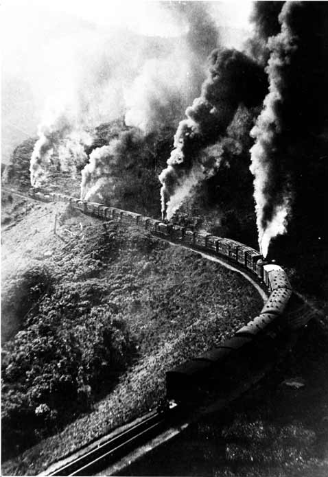 Four Fell engines hauling a heavily-laden train over the Rimutaka Range.